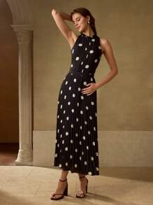 MOTF PREMIUM POLKA DOT PRINT PLEATED LONG DRESS - Black - View 4