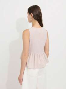 Nöista Blue And White Stripe Summer Elegant Unique Vacation Light Beige Sleeveless Blouse,Checkered Texture Three Front Tie Closures Cotton Loose Flared Hem - Brown - View 3