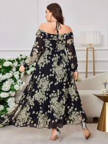 Modelyn Plus Size Women Chiffon Floral Elegant Romantic Long Off-Shoulder Dress - Black - View 2