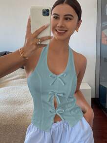 Livesso 女款大U領前蝴蝶結掛脖短版上衣，休閒外出度假掛脖上衣 - 藍色 - 查看 2