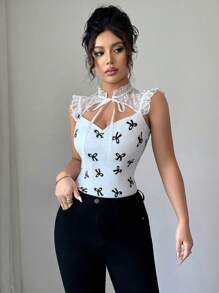 Elenzga Women Lace Patchwork Bow Print Hollow Out T-Shirt - White - View 3