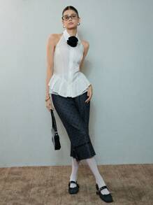 SHEIN MOD Blusa elegante con aplicaciones de encaje, cuello y lazo, color blanco - Blanco - Ver 6