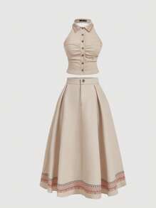 SHEIN MOD Plus Size 2 Pieces Set:Beige,Summer,1950s Vintage,Vacation,Holiday Collared Vest&Ruffle Hem Skirt,Waist-Hugging Top,Folk Printed A-Line Nomadic Suit - Khaki - View 1