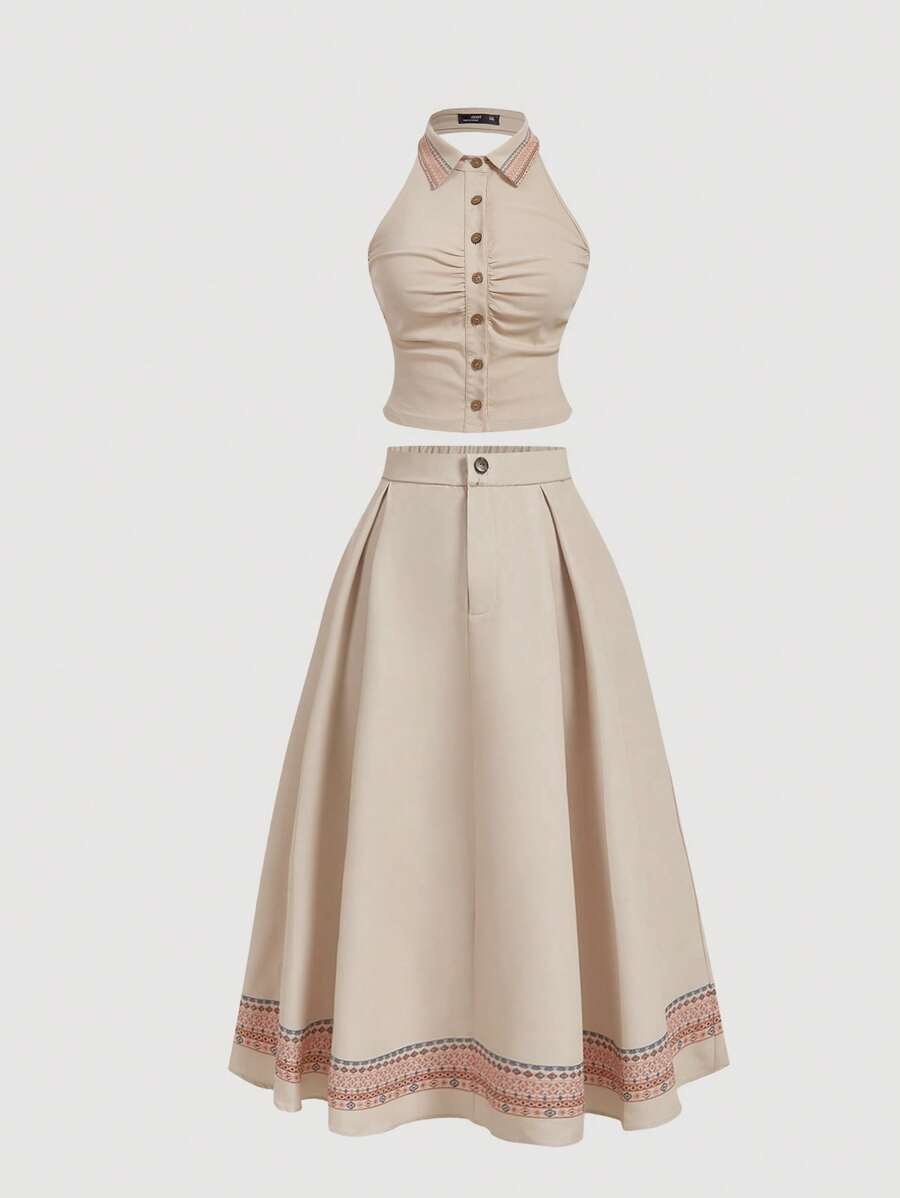 SHEIN MOD Plus Size 2 Pieces Set:Beige,Summer,1950s Vintage,Vacation,Holiday Collared Vest&Ruffle Hem Skirt,Waist-Hugging Top,Folk Printed A-Line Nomadic Suit - Khaki - View 1