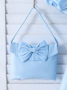 Vestido elegante para niñas con decoración de lazo y bolso a juego, vestido estilo línea A de tul con parches de flores, manga abullonada y gran lazo con lentejuelas