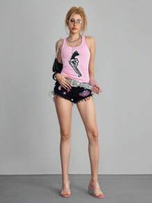 ROMWE Avant 复古 Babi Y2K 水钻枪短款上衣，千禧宝贝女式美学图案背心 - 粉色 - 查看 6