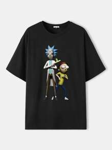 Rick and Morty X SHEIN Men's Casual Cartoon Character Print Drop Shoulder Loose Fit Black T-Shirt, Summer