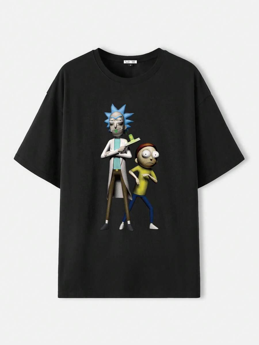 Rick and Morty X SHEIN Men's Casual Cartoon Character Print Drop Shoulder Loose Fit Black T-Shirt, Summer