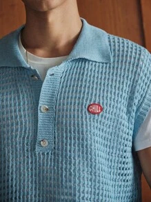 SWAVVY Men's Fashionable Casual Loose Knitted Hollow Back Polo Vest - Blue - View 6