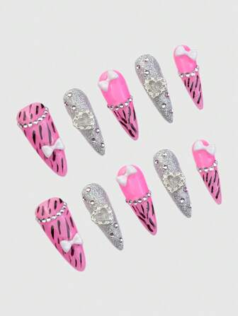 Anime 10pcs Heart Shaped Glitter Acrylic Nail Strips With Rhinestone Bow, Including 1pc Nail Tape