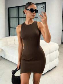 Lavishia Vestido mini de verano ajustado de unicolor con cuello redondo sin mangas para mujer - Marrón Mocha - Ver 3