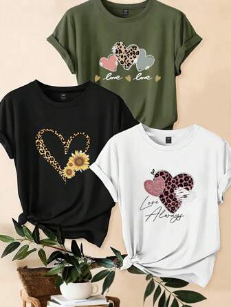 SHEIN CURVE+ 3 Stücke/Set Große Größen Leopard Muster, Herz und Slogan Grafik Lässig T-Shirt Oberteile