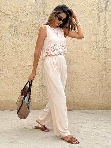 SHEIN Frenchy 2 pezzi/set Top e pantaloni con vita elastica e pizzo traforato per donne - Albicocca - Visualizzare 7