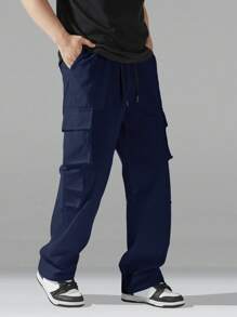 Manfinity Hypemode Pantalones casuales de hombre con estampado de letras y cordón en la cintura con bolsillos