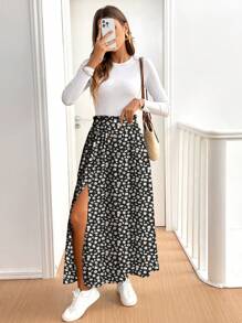 SHEIN Tall CURVE 大码女式休闲雏菊碎花高开叉喇叭下摆半身裙，适合夏季度假海滩度假装，适合外出 - 黑色 - 查看 6