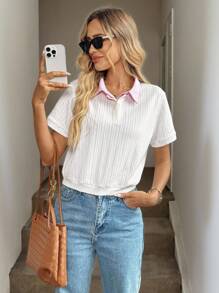 Easowa Women White And Pink Color Block Splice Polo Collar Short Sleeve T-Shirt,Textured Jacquard Fabric,Casual Summer School Back-To-School Old Money Style - Apricot - View 4