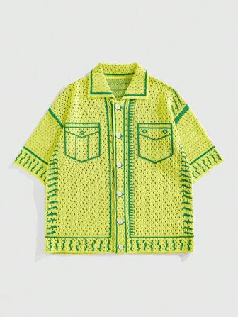Street Life Herren Preppy Allover Muster Knopfleisten Lässig Kurzarm Strickoberteile