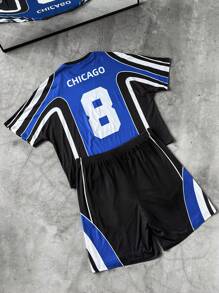 Manfinity EMRG Colorblock Stripe Sporty & Casual Graphic Print Short Sleeve Top & Shorts Set Sport Jersey Soccer Jersey Number Jersey Jersey Set - Multicolor - View 3