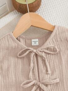 Tween Girls Commuting Casual Plain Woven Crew Neck Blouse Top And Straight Leg Pants Set - Khaki - View 6