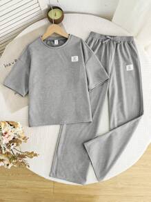 SHEIN 青少年女孩宽松舒适休闲简约圆领短袖 T 恤和裤子 2 件套 - 淺灰色 - 查看 8