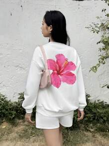 SHEIN 少女超大休闲花卉印花运动衫和短裤套装，舒适简约 - 白色 - 查看 6