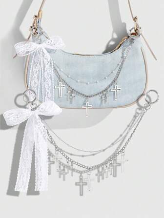Kawaii 1 pieza Cadena de cruce hueca de plata elegantemente minimalista y de alta calidad con imitación de perla, decoración de lazo de encaje de malla blanca, DIY llavero/colgante de bolso, adecuado para uso diario de mujeres/niñas, regalo de festival
