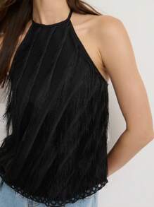 Nöista Women's Black Summer Mama Mia Halter Neckline Top,Loose-Fit Fringe-Textured Lace-Trim Hem Lightweight Breathable Beach Night Out Party Summer Top - Black - View 6