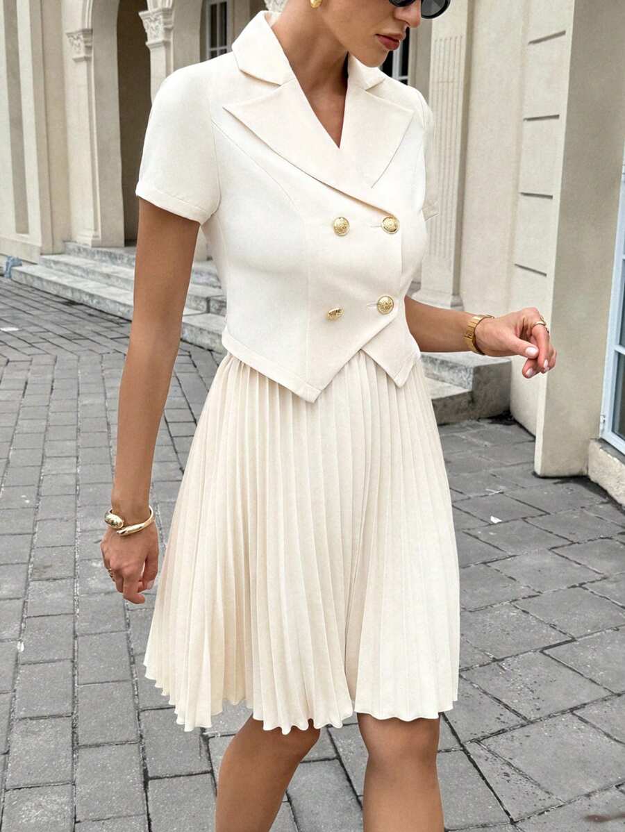 Siren Gaze Conjunto de 2 piezas para mujer de estilo de negocios casual, con blusa de manga corta con botones metálicos de doble botonadura y falda plisada, para otoño, ropa, atuendos de maestra - Albaricoque - Ver 1