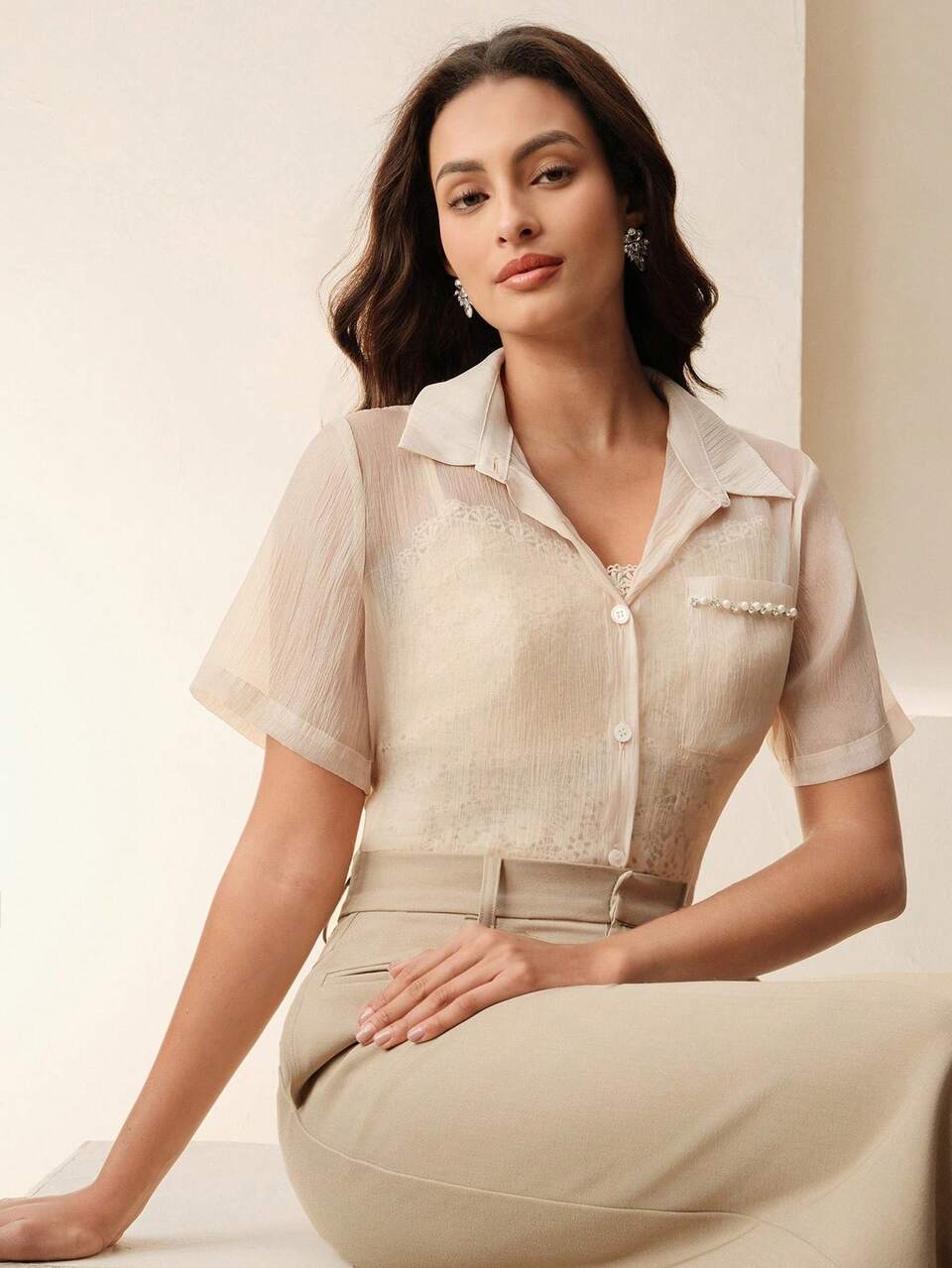 Women's French Elegant Sheer Front Button Embroidered Blouse, Casual Short Sleeve Shirt