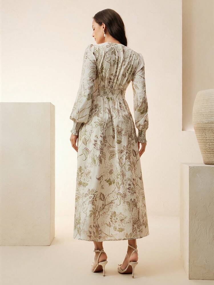 New Arrival Spring V-Neck Long Sleeve Ditsy Floral Bohemian Style Maxi Dress For Women