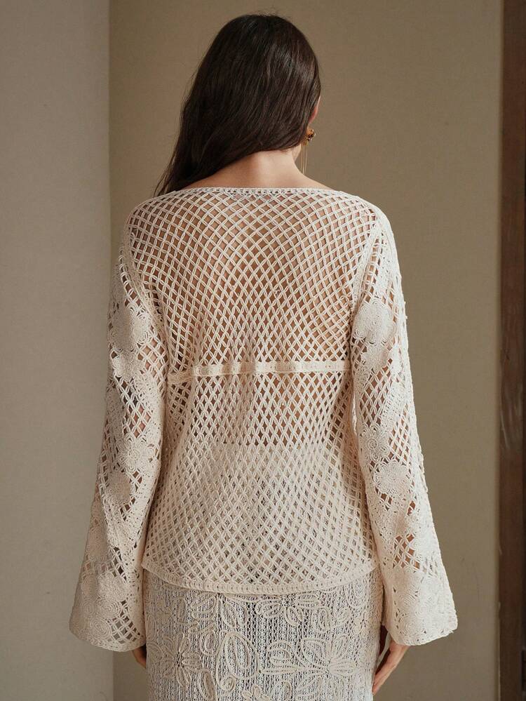 Vacation Style Hollow Floral Knit Lightweight Cover Up, Versatile For Summer