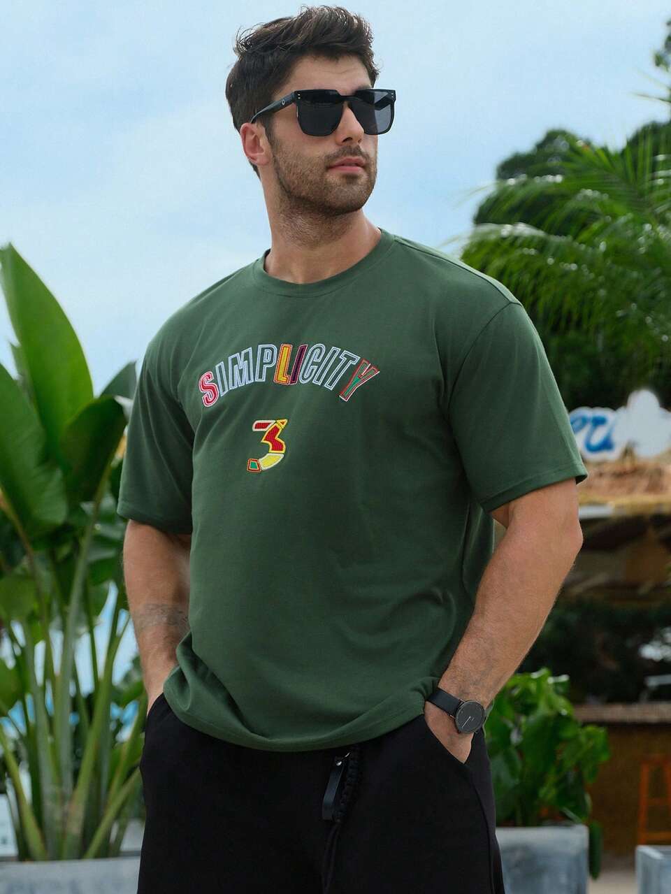 Men's Colorful Letter & Number Embroidery Green T-Shirt, Summer,Graphic Tees Vacation