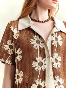 SHEIN Camicia elegante da donna con bottoni, a maniche corte, con blocchi di colore, decorata con ricami floreali 3D, adatta per l'ufficio, estiva, carina, per uscire - Cachi - Visualizzare 2