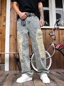 Manfinity LEGND Jeans casuales de moda de calle con bolsillos desgastados de unicolor para hombre