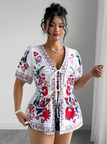 SHEIN CURVE+ 夏季加大码印花扭纹V领短袖衬衫 - 彩色 - 查看 5