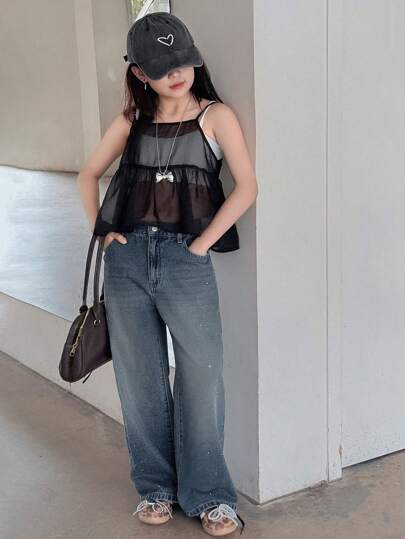 Dazy Kids Quần Jeans Denim Cho Bé Gái Tuổi Teen Quần Jeans Ống Rộng Đính Đá Rhinestones Quần Jeans Rộng Cho Bé Gái