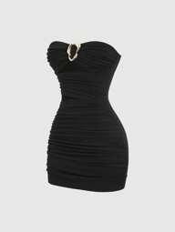 Sweetra Women's Sexy Fitted Strapless Metal Buckle Short Bodycon Dress