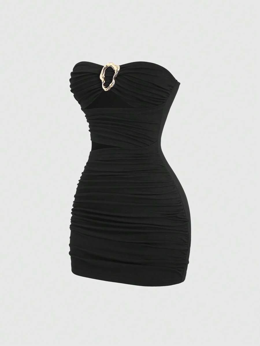 Sweetra Women's Sexy Fitted Strapless Metal Buckle Short Bodycon Dress - Black - View 1