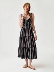 Florisole Vestido con tirantes finos, volantes y patchwork con estampado de rayas negras de estilo bohemio para mujer - Negro - Ver 4