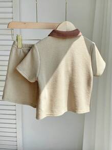 2pcs Boy Casual Knitted Contrast Color Half-Zip Sweater And Solid Elastic Waist Shorts Set,Summer,Career Day,Back-To-School Young Boys Matching Sets - Khaki - View 3
