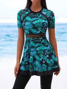 Swim Shayni 2 pezzi/Set Nuovo Abito bohémien da spiaggia senza maniche con motivo floreale tropicale e set di costumi da bagno burkini neri per donne, adatti per la primavera/estate