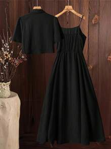 SHEIN Clasi 女士新款时尚优雅两件套，包括短袖衬衫和背心裙，舒适的亚麻质感夏季休闲装 - 黑色 - 查看 2