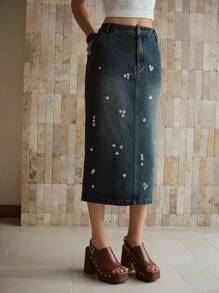 MOTF PREMIUM VÁY DENIM XẺO THÊU THẲNG - Xanh đậm - Xem 4