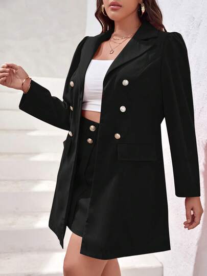 SHEIN Privé Plus Double Breasted Blazer & Skirt In Fall/Winter