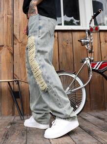 Manfinity LEGND Jeans casuales de moda de calle con bolsillos desgastados de unicolor para hombre