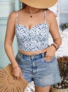 Flirla Plus Size Short Floral Print Vacation Style Camisole Top - Blue and White - View 3