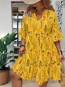 EMERY ROSE Plus Size Women Branch & Floral Print V-Neck Ruffled Hem Loose Shift Dress For Summer - Yellow - View 3