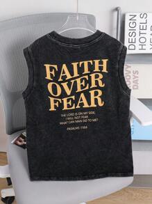 Tween Boy Casual Acid-Washed Slogan Printed Tank Top - Black - View 5