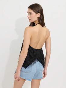 Nöista Women's Black Summer Mama Mia Halter Neckline Top,Loose-Fit Fringe-Textured Lace-Trim Hem Lightweight Breathable Beach Night Out Party Summer Top - Black - View 2