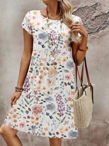EMERY ROSE Vestido de verano para mujer de talla grande con cuello redondo y mangas raglán - Blanco - Ver 3